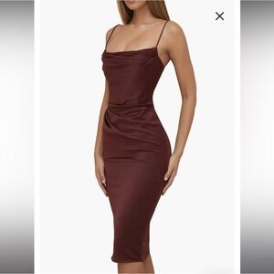 NWT House of CB Anja Satin Corset Midi Dress Large 10-12 Raisin / Wine ~ $255